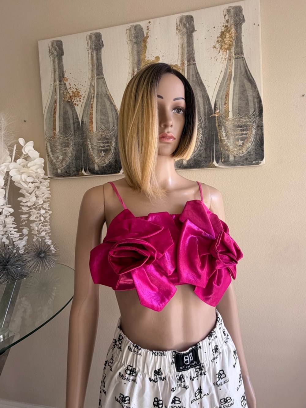 Fuchsia Satin Floral Applique Crop Top